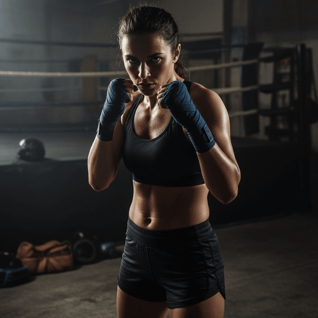 Boxer with wrapped hands squared up in a gym