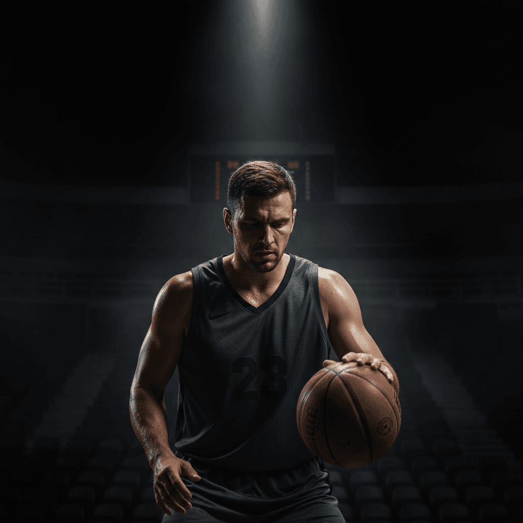 Basketball player dribbling under an arena spotlight