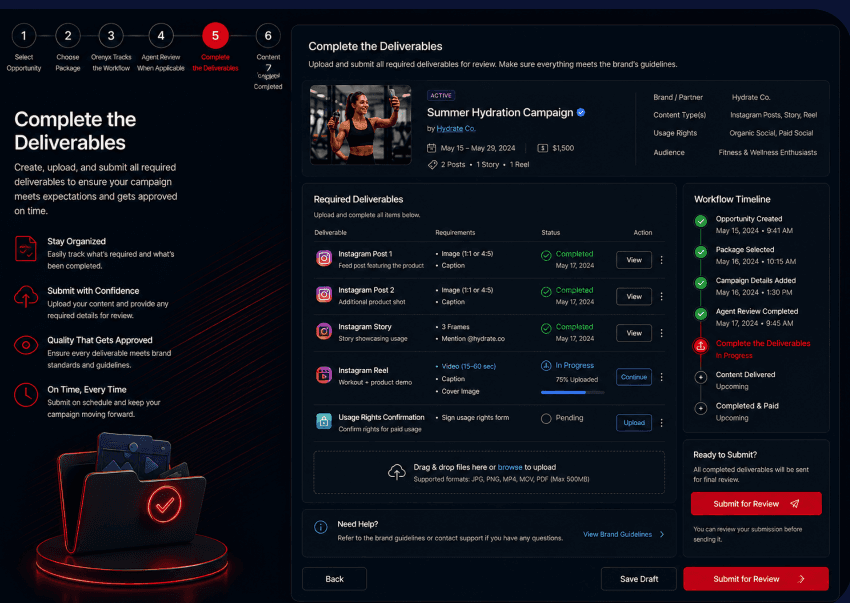 Deliverables screen with upload slots and submission status