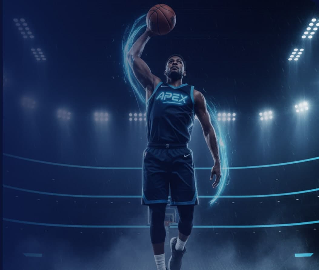 Basketball player rising for a dunk under arena lights