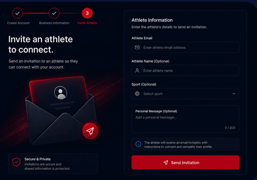 Athlete invitation screen with athlete details and send invitation action