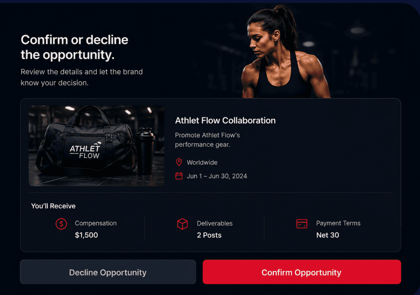 Confirm or decline screen showing compensation, deliverables, and payment terms