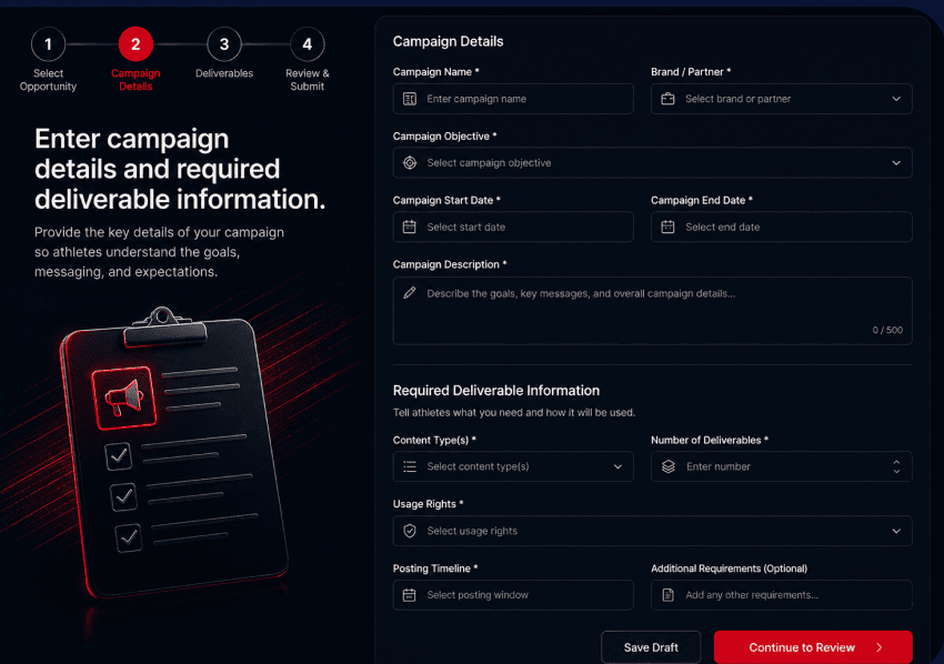 Campaign details form with deliverable requirements