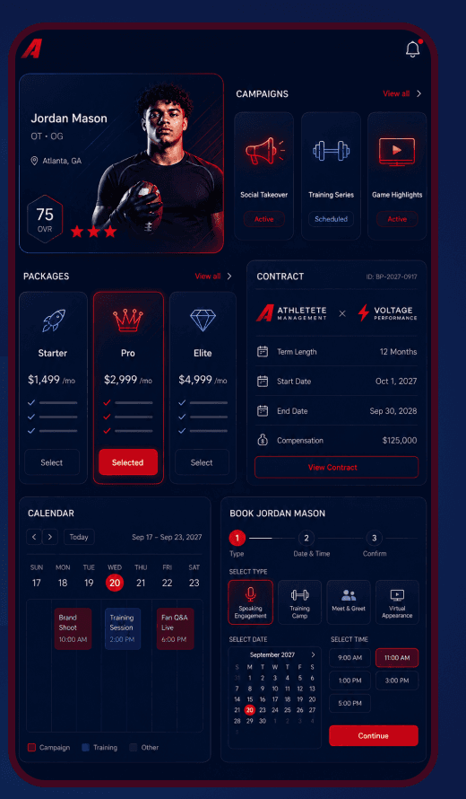 Brand dashboard showing athlete packages, contract, and booking calendar