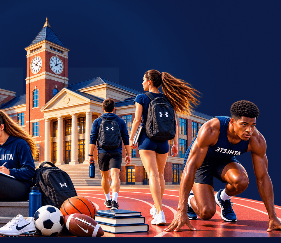 Student athletes on campus outside the athletics building